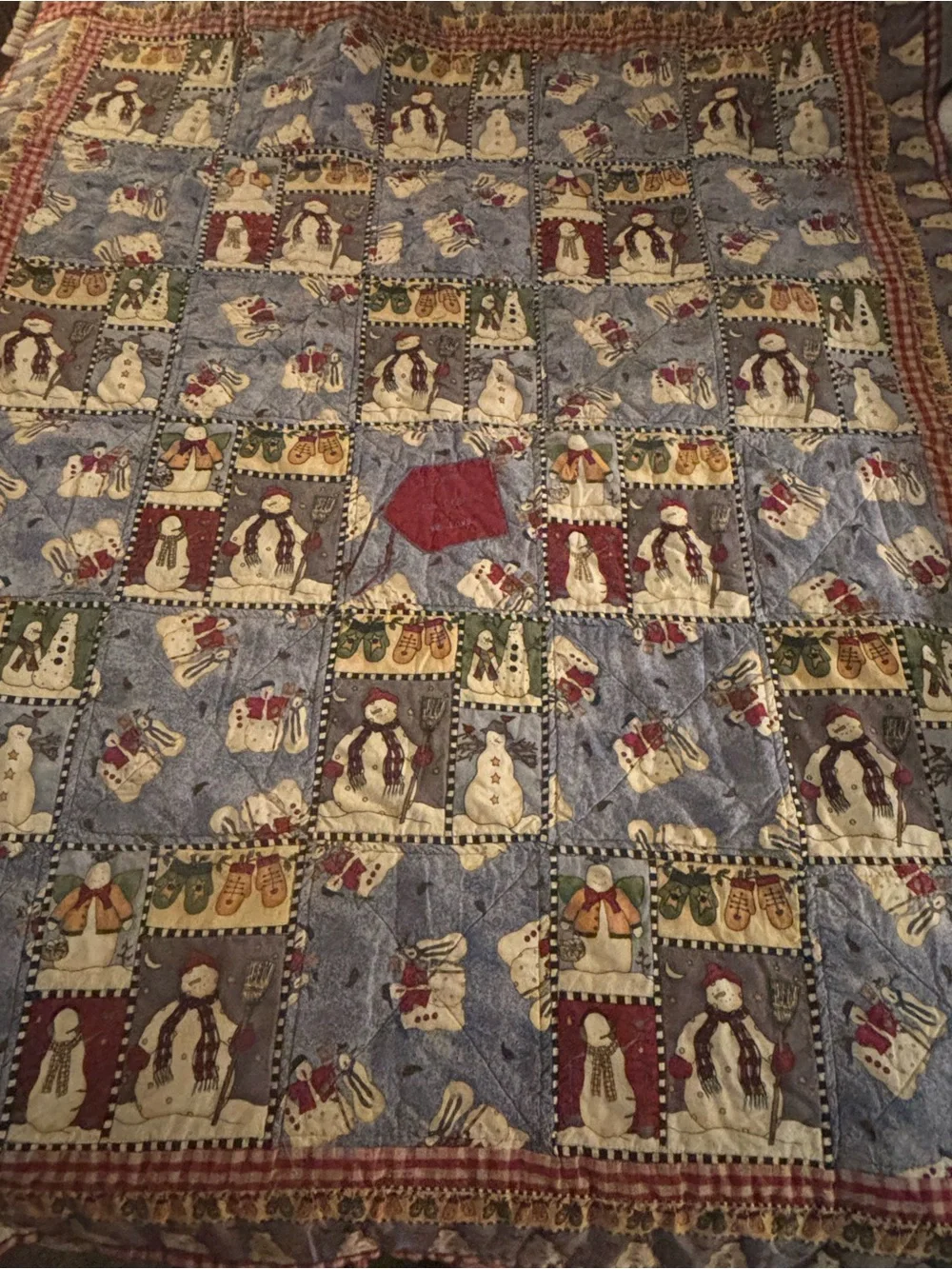 Cute Snowman Patchwork Quilt - Festive Red, Blue, Cream